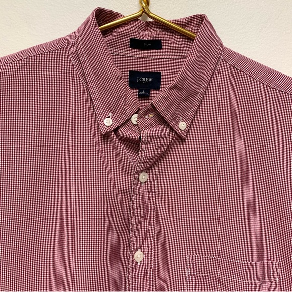 J Crew Slim‎ Washed Button Down Shirt Size Large Mini Gingham Check Red Cotton - Picture 3 of 10